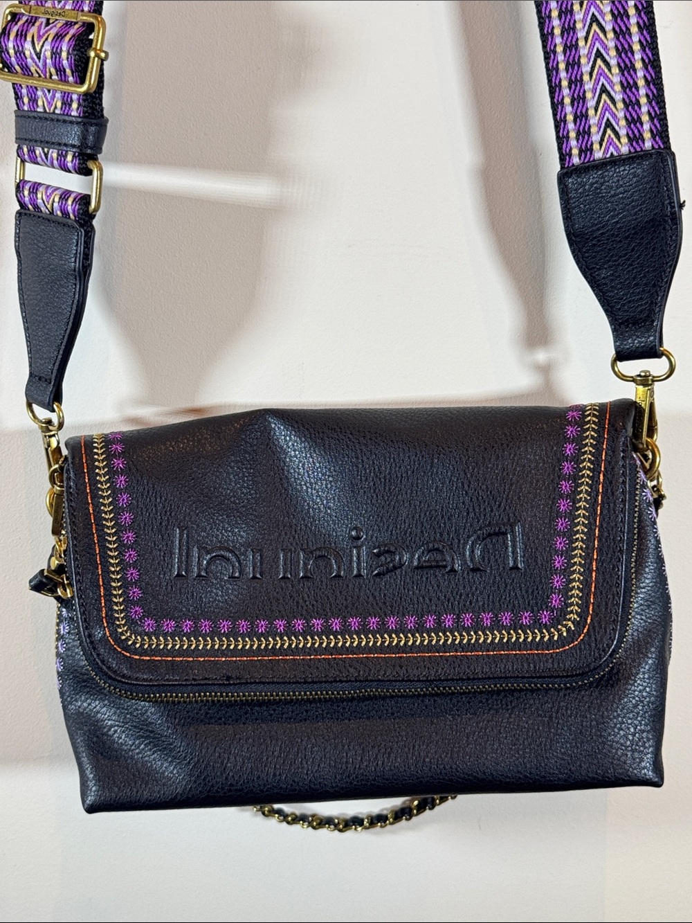 Desigual Black Leather Crossbody Bag with Purple Accent Strap